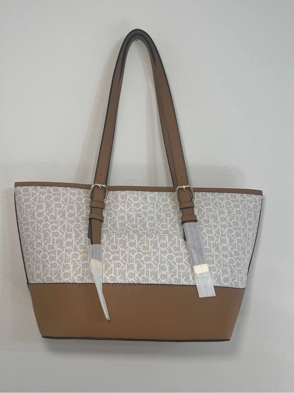 Calvin Klein Cream Monogram Tote with Tan Trim